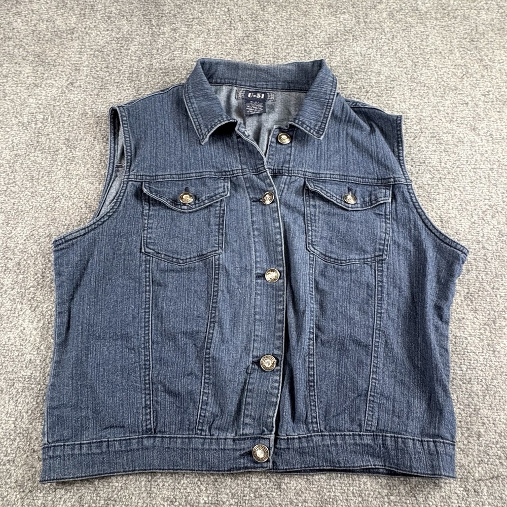 U-51 Jean Vest Women 1X Blue Y2K‎ Boho Festival Streetwear Rhinestone Button